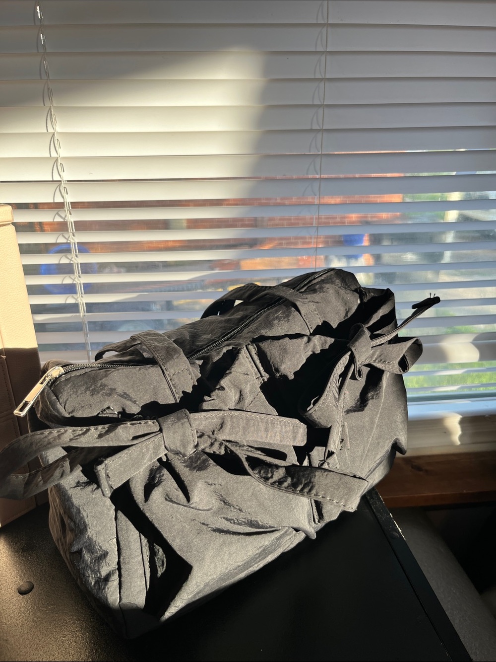Everyday Black Tote Bag with Bow Tie Drawstring Front Pockets